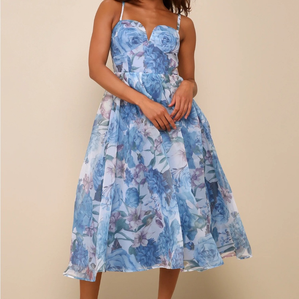 Lulu's | Cherished Aura Blue Multi Floral Organza Bustier Midi Dress